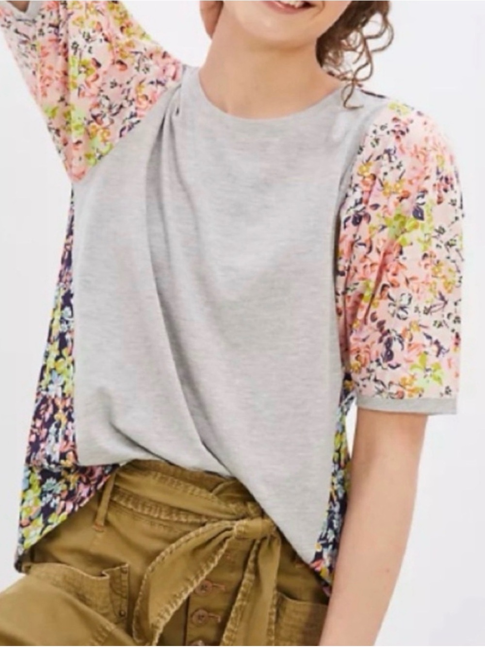 Maeve Gray Tee with Pink Floral Sleeves